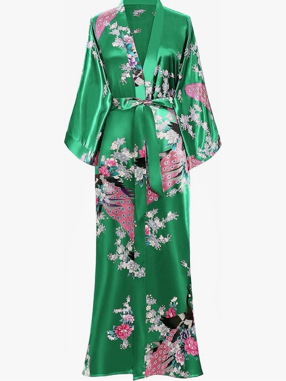 Emerald Satin Floral Kimono Robe with Belt